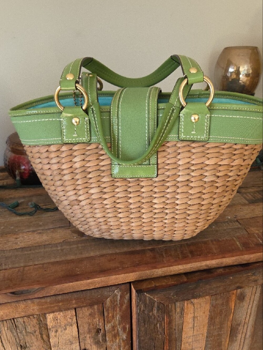 Coach Legacy Woven Straw Basket Tote With Green Trim - Picture 5 of 16